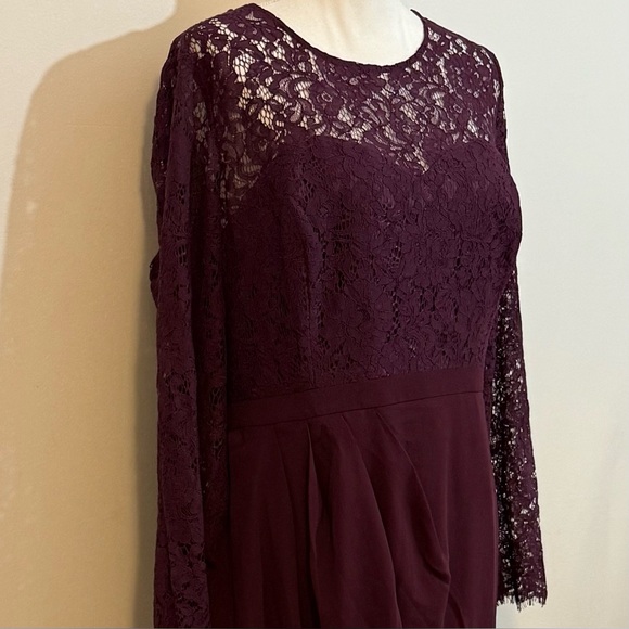 City Chic NWT Elegant Lace Midi Dress Bordeaux Long Sleeve Draped Skirt -Size 18 - Picture 5 of 11